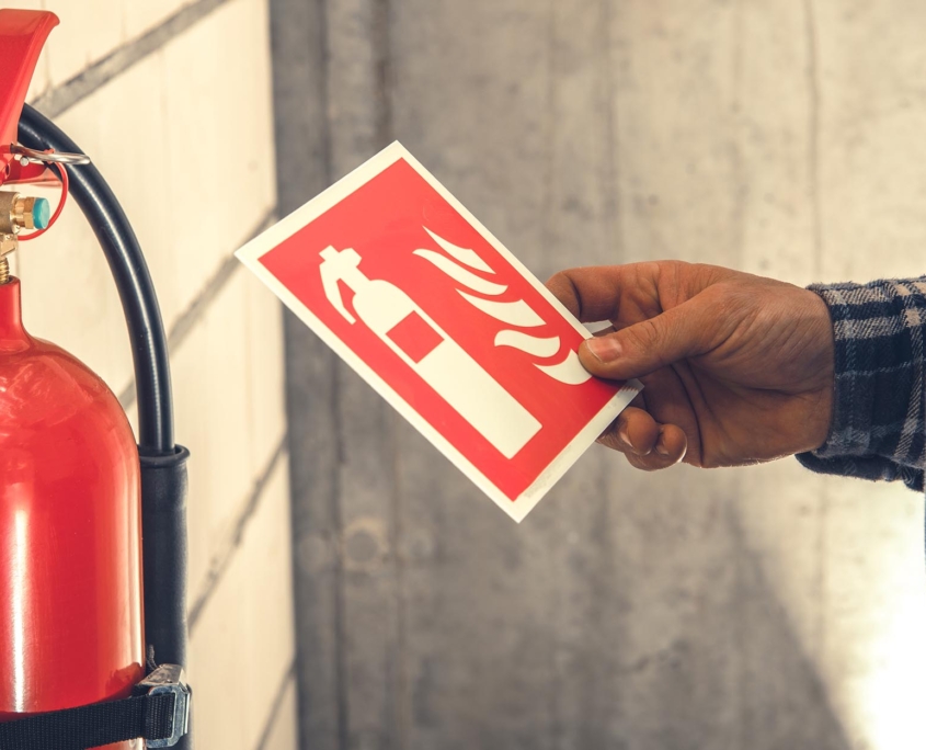 Side view of someone holding a fire extinguisher sign while standing in front of a fire extinguisher